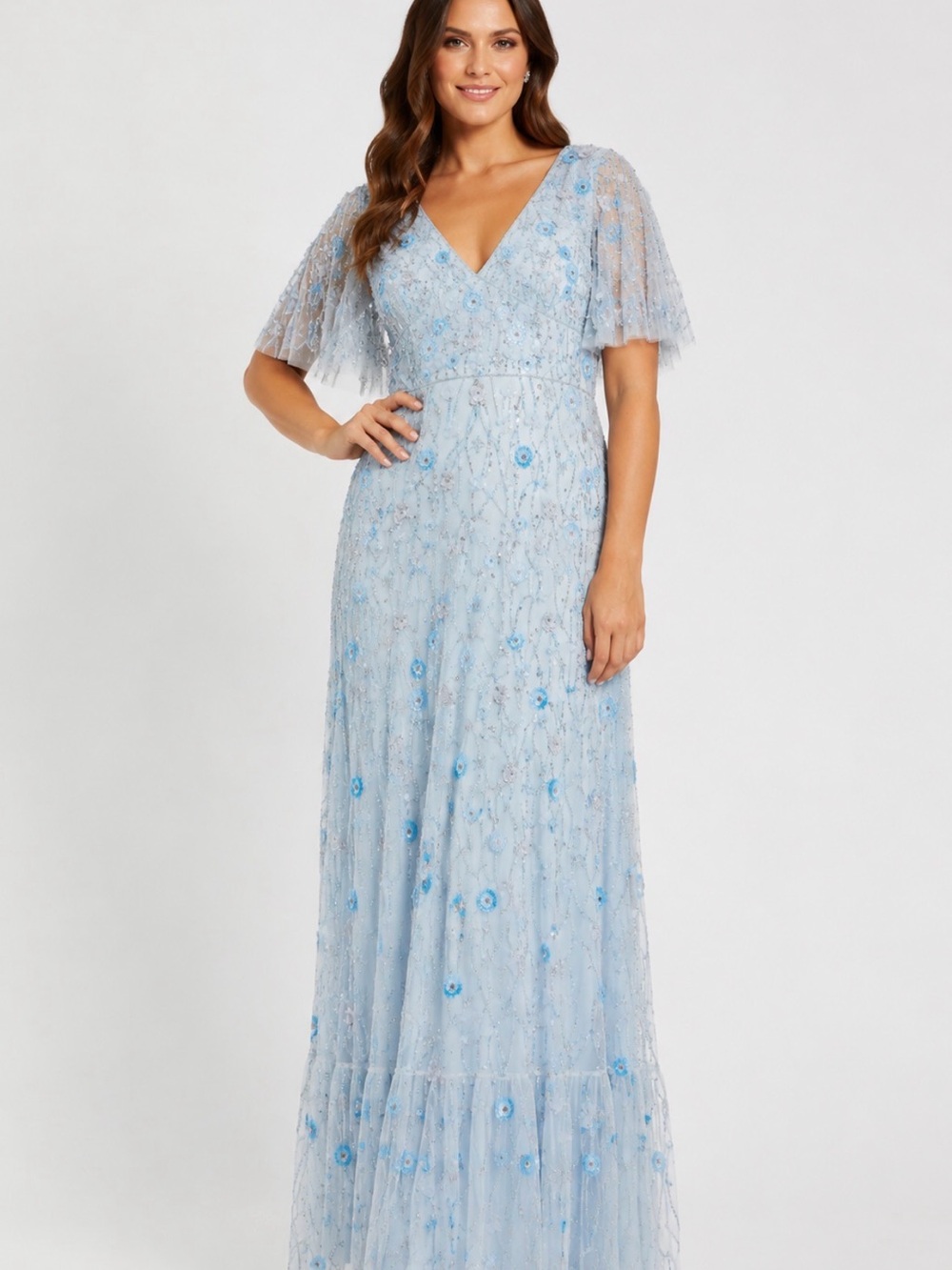 NWT Mac Duggal 35110 Powder Blue Floral Sequin Beaded Gown Size 18